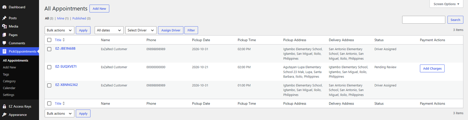 WordPress admin order list showing pickup bookings and assigned drivers