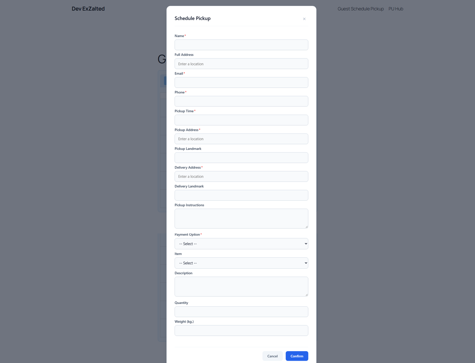 PickUppointment pickup booking form with date, time slot, and address fields