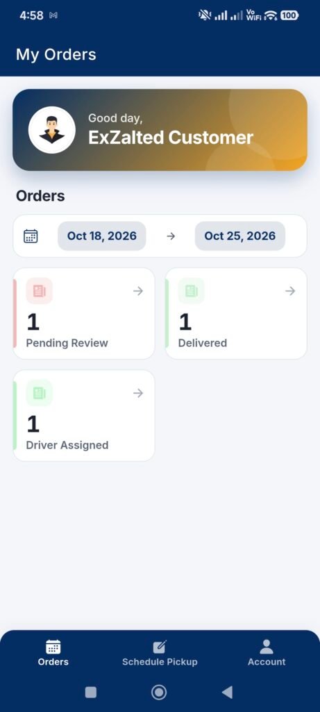 Screenshot showing the dashboard of the Pickuppointment Customer App