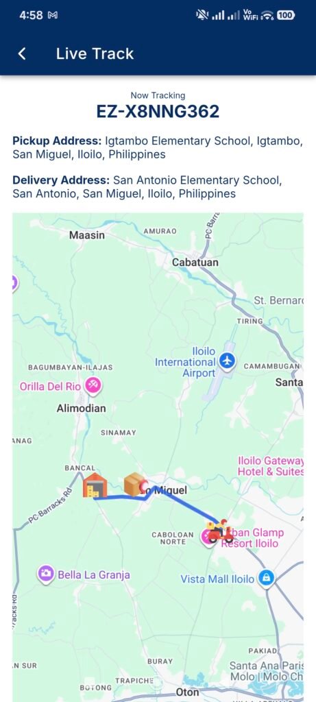 Screenshot showing the live tracking page of PickUppointment Customer App