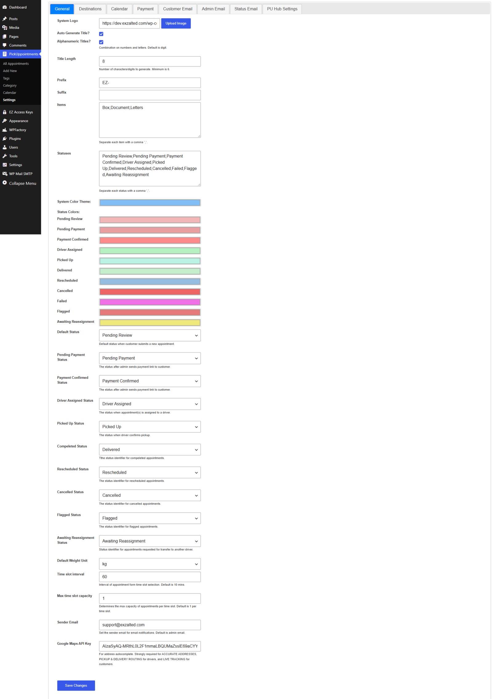 WordPress admin settings for PickUppointment